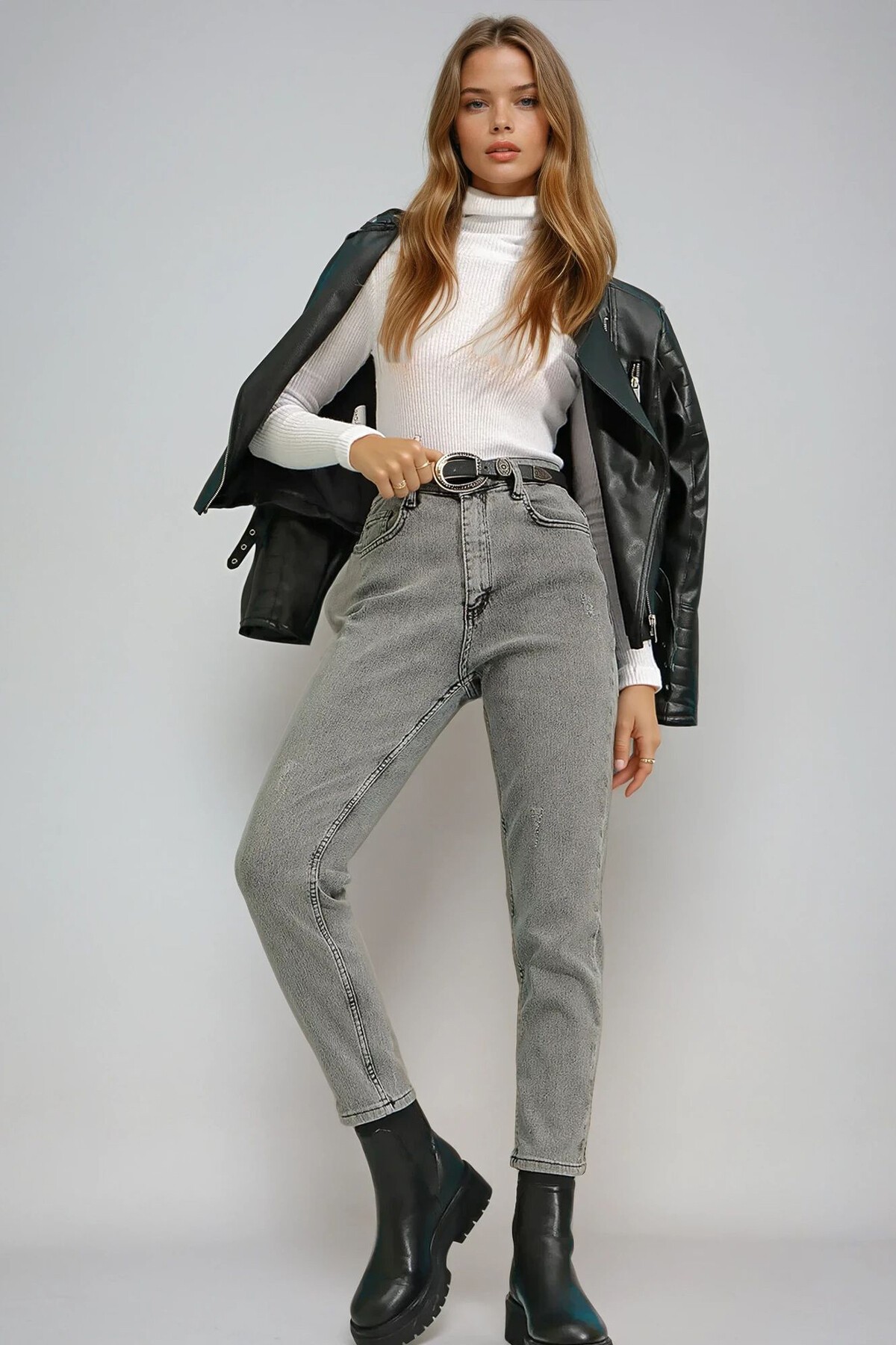 antrasit likralı mom jeans