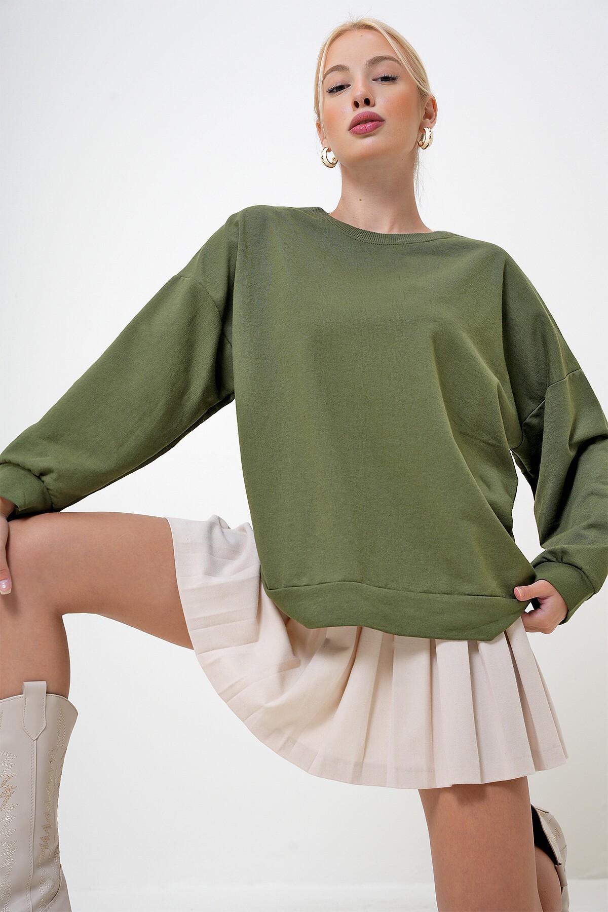 Haki Bisiklet Yaka Oversize Basic Sweatshirt