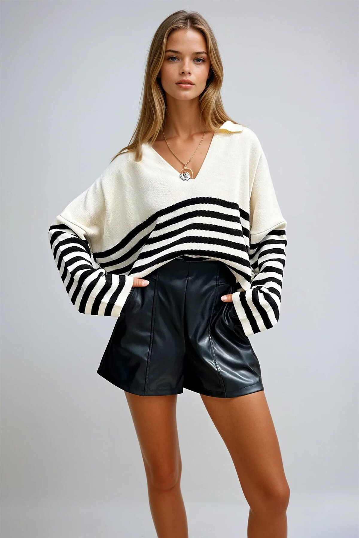 Ekru Polo Yaka Çizgili Crop Kazak