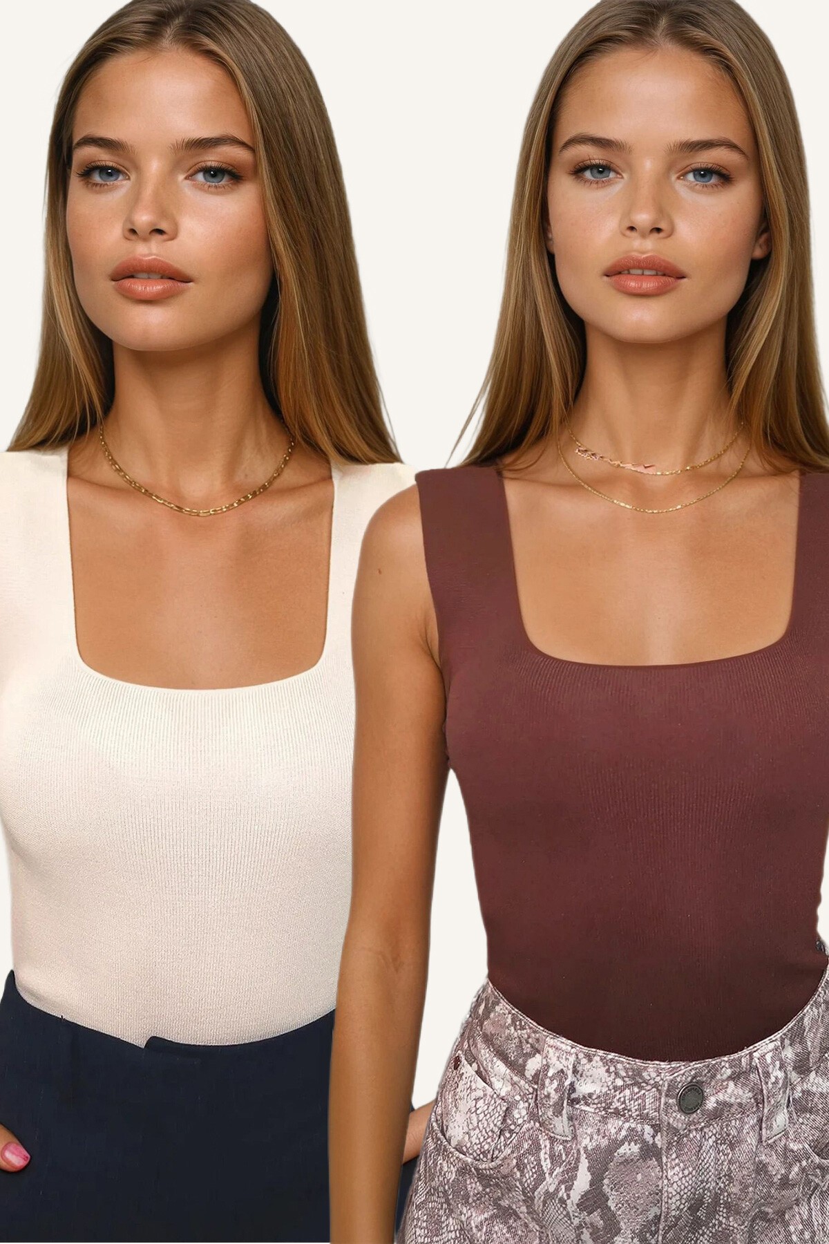 Acı Kahve Bej Kare Yaka Mevsimlik Merserize 2Li Triko Bluz