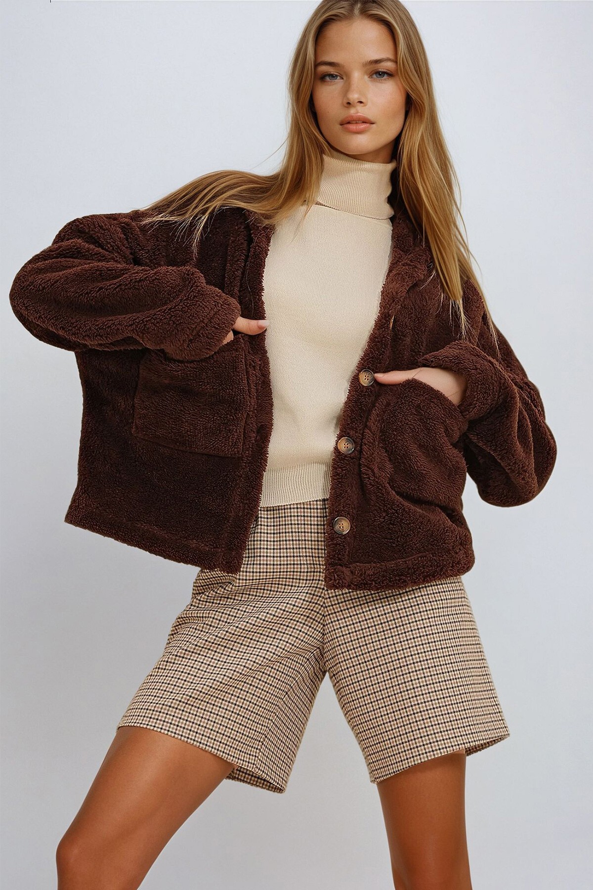 Acı Kahve Kapüşonlu Çift Cepli Peluş Mont