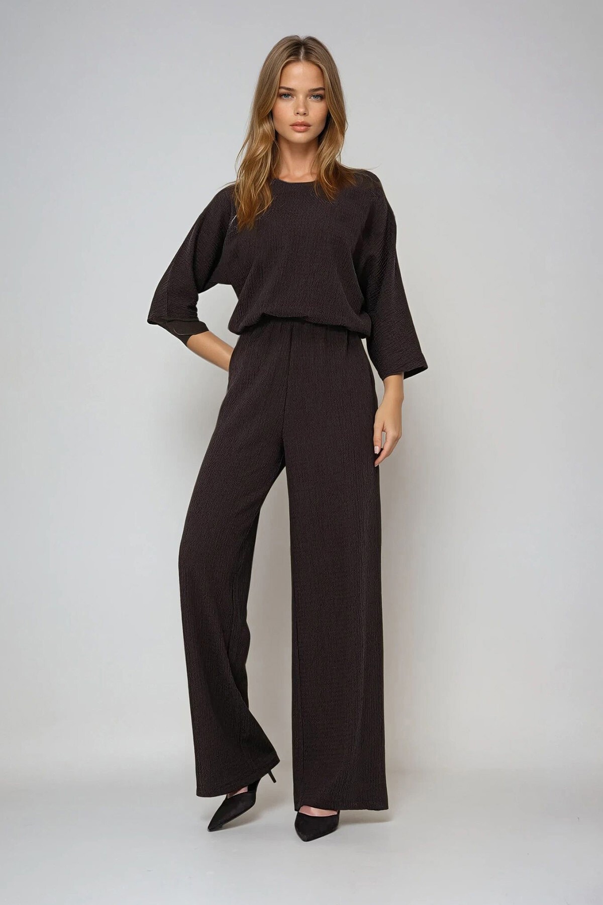 Acı Kahve Kayık Yaka Yarasa Kol Salaş Bluz Ve Palazzo Pantolon Bürümcük Takım
