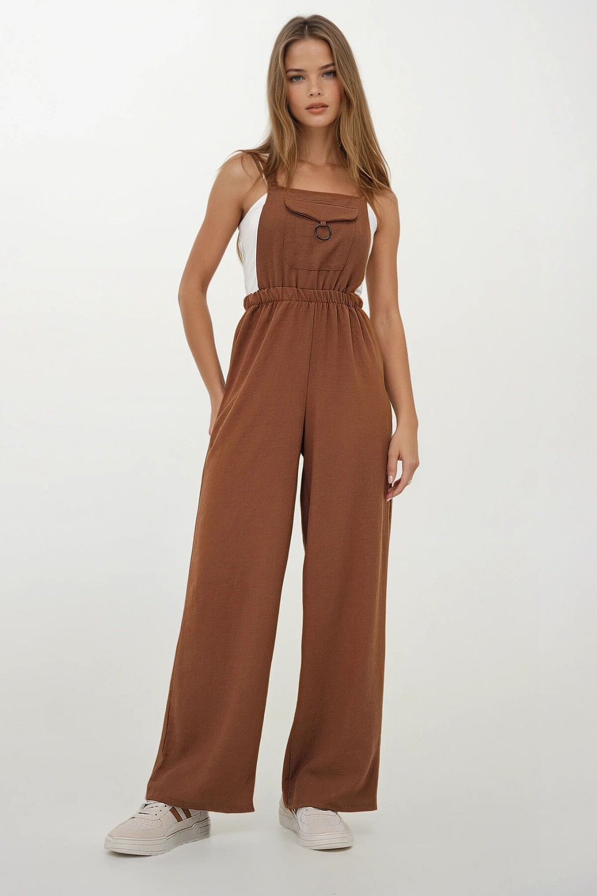 Acı Kahve Önü Cepli Askılı Halka Detaylı Aerobin Salopet Pantolon