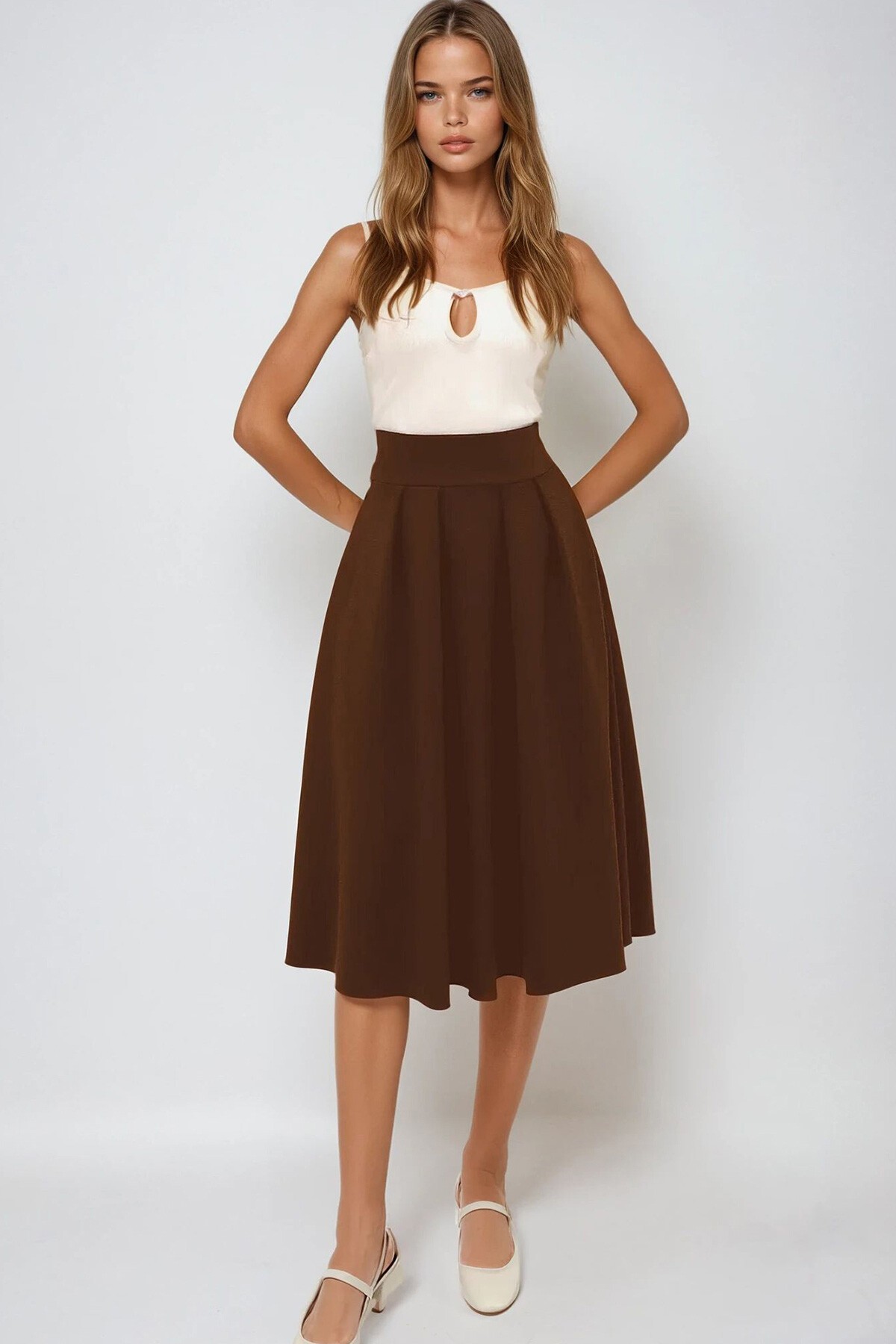 Acı Kahve Yüksek Bel Geniş Kemerli Gizli Fermuarlı Midi Boy Dokulu Etek