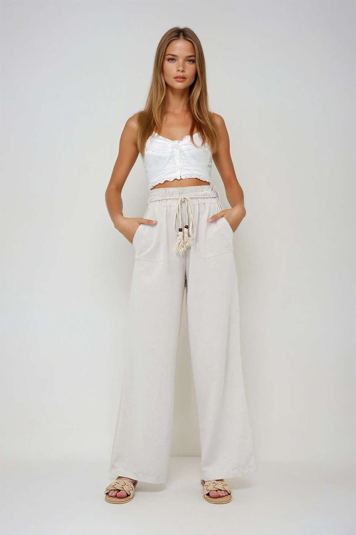 Açık Bej Çift Cepli Bağcıklı Palazzo Keten Pantolon
