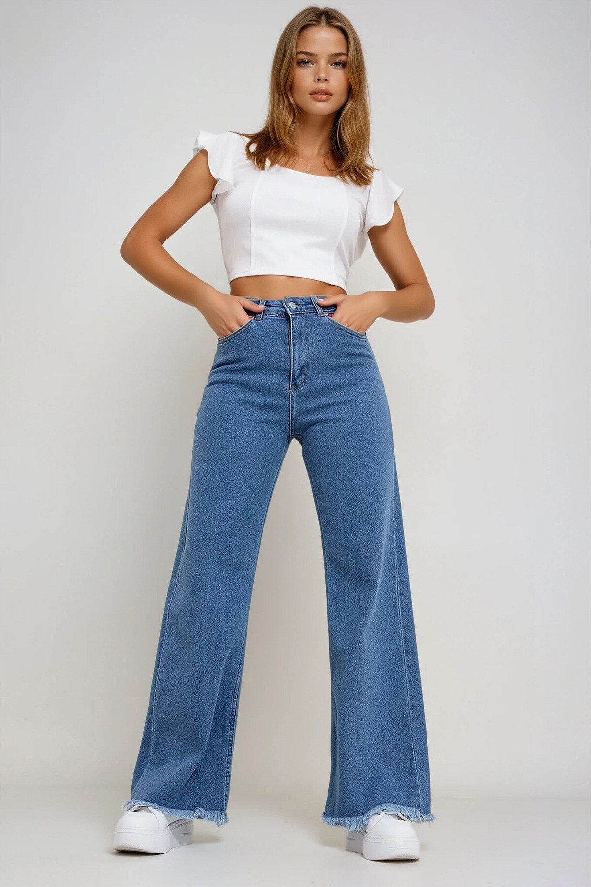 Açık Mavi Beş Cepli Likralı Paçası Püsküllü Palazzo Denim Pantolon