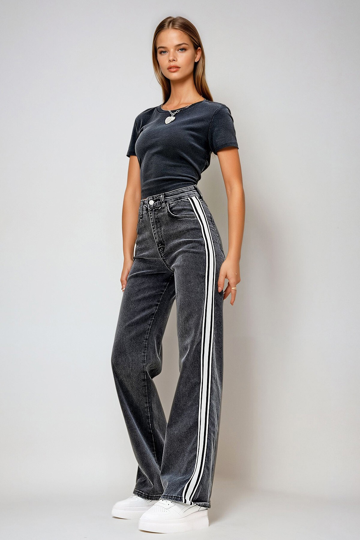 Antrasit 5 Cepli Yıkamalı Şerit Detaylı Mom Jeans