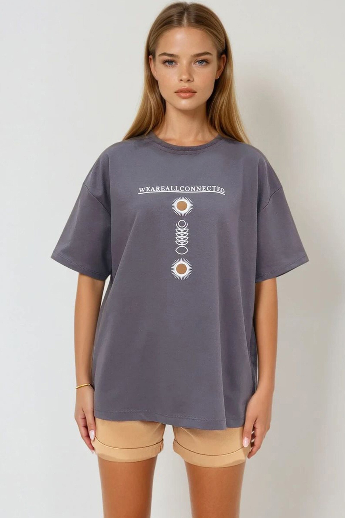 Antrasit Bisiklet Yaka Baskılı Oversize Unisex T Shirt