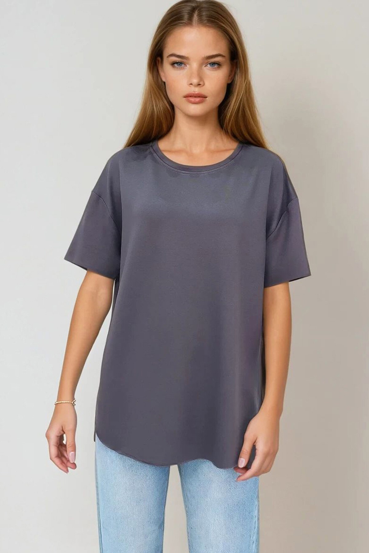 Antrasit Bisiklet Yaka Oval Kesim Modal T Shirt