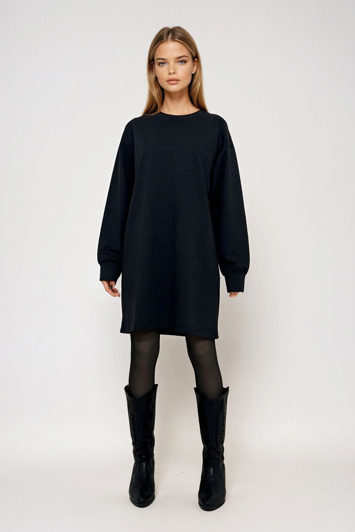 Antrasit Bisiklet Yaka Sweatshirt Elbise