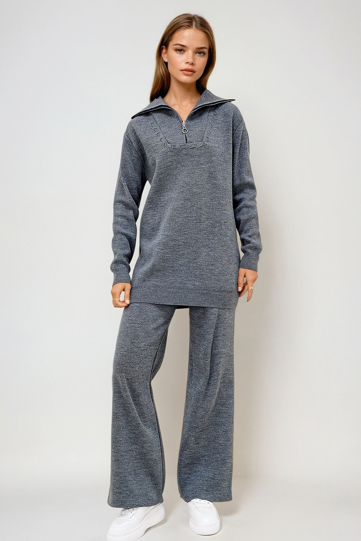 Antrasit Denizci Yaka Çoban Dikişli Triko Kazak Ve Beli Lastikli Yüksek Bel Pantolon İkili Takım