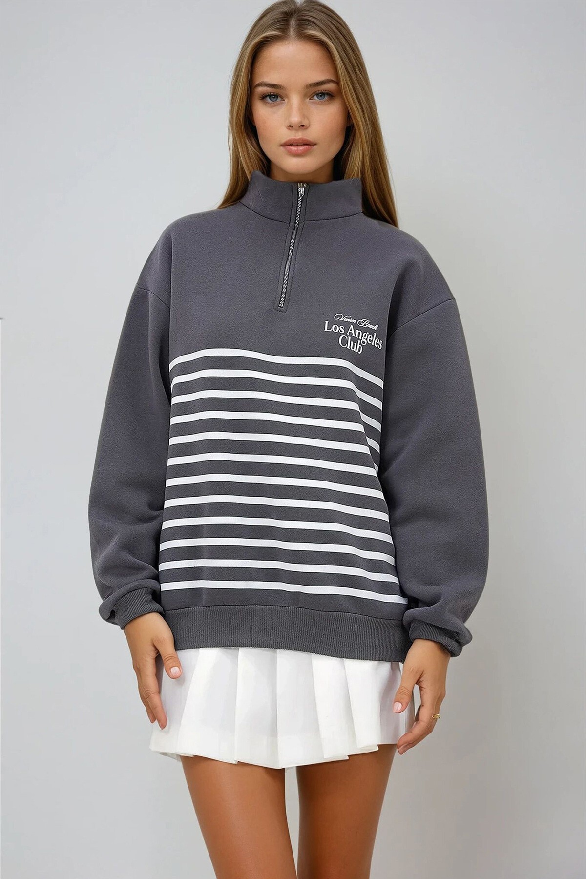 Antrasit İçi Şardonlu Baskılı Fermuarlı Sweatshirt
