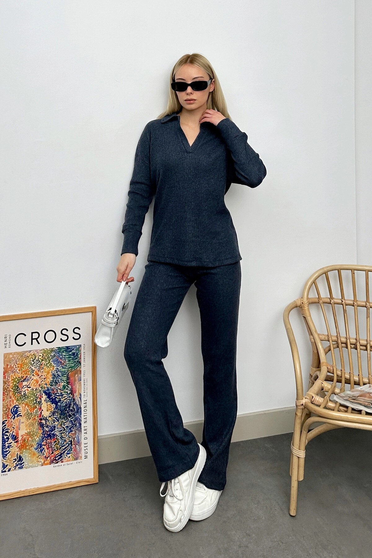 Antrasit Polo Yaka Üst Ve Palazzon Pantolon Triko Alt Üst Takım