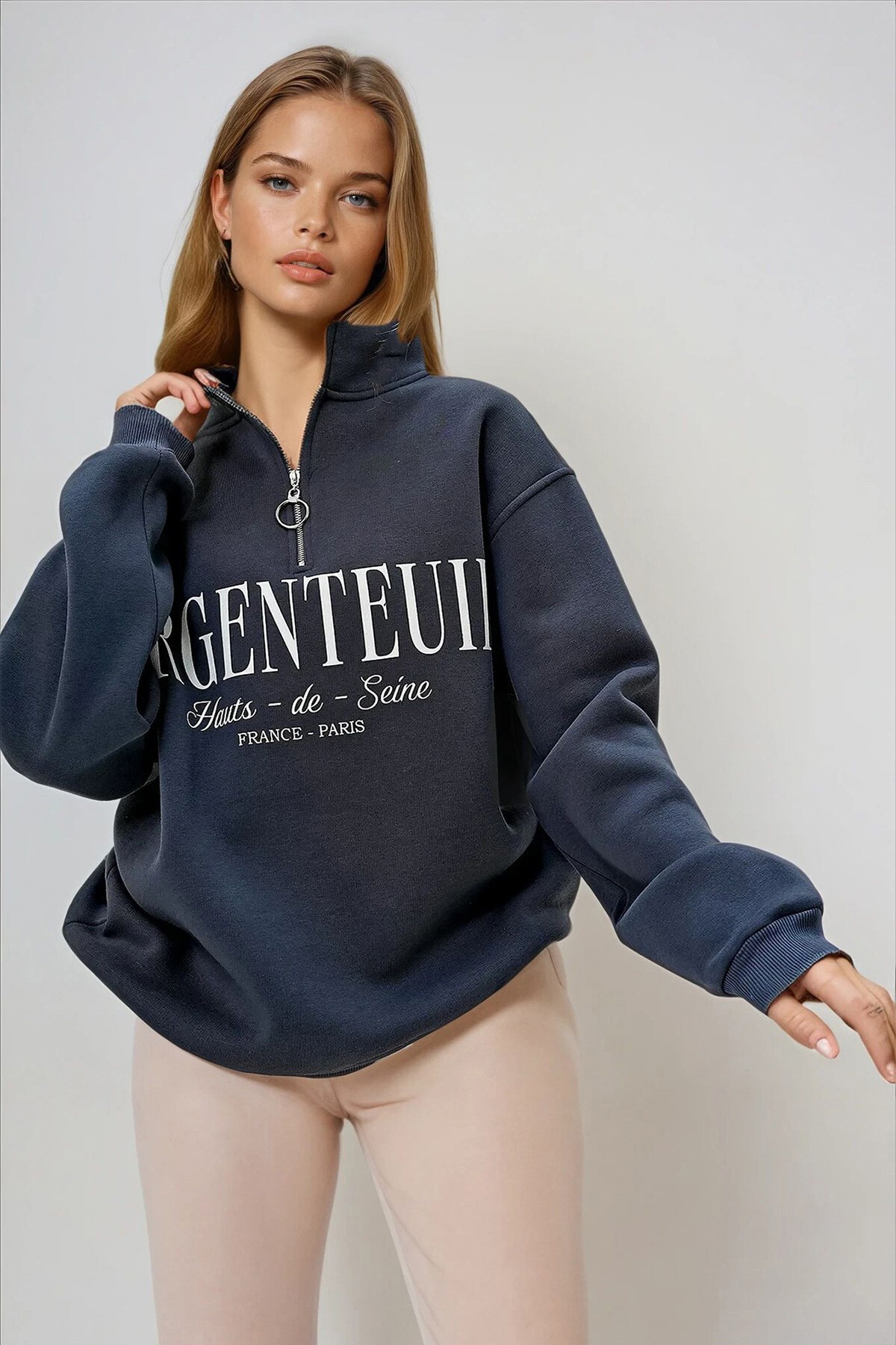 Antrasit Yarım Balıkçı Yaka Önü Yazı Baskılı İçi Şardonlu Fermuarlı Sweatshırt