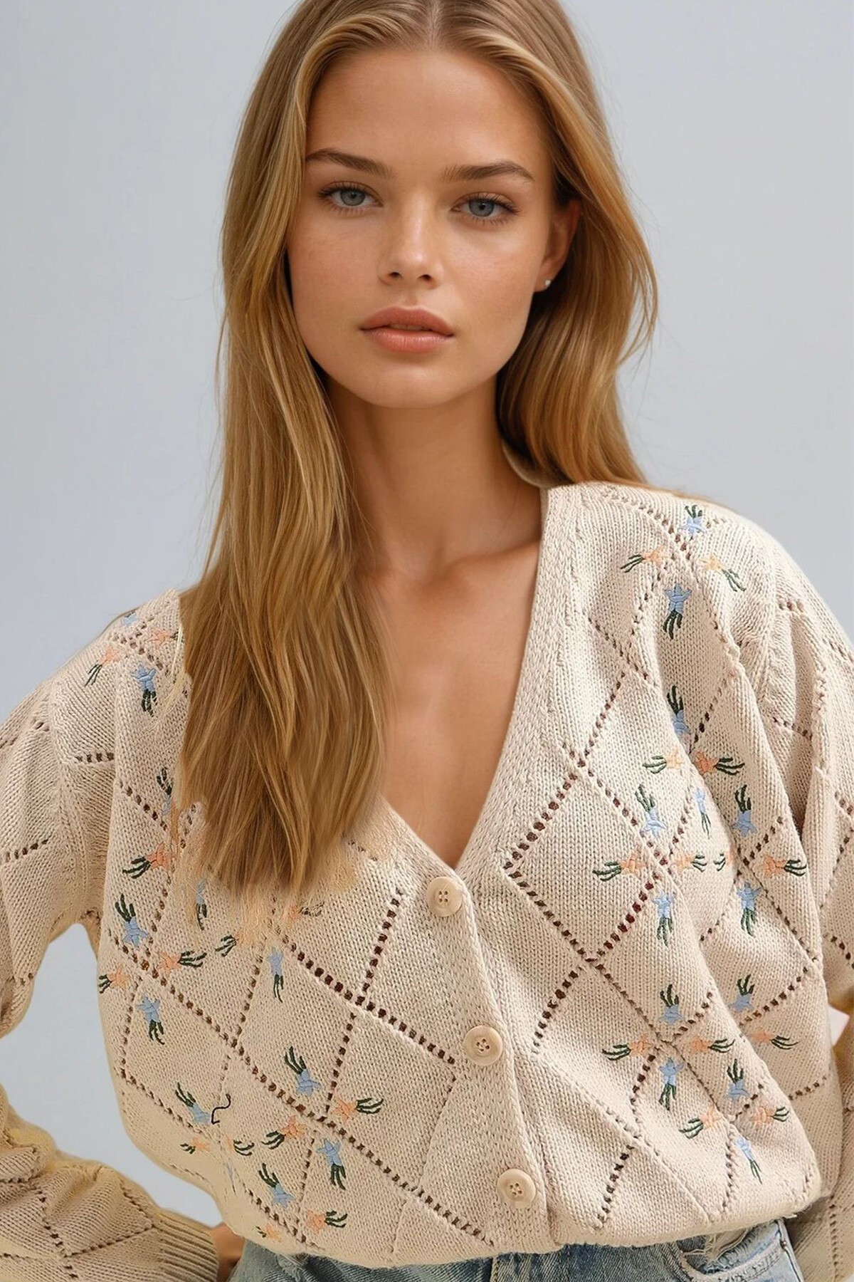 Bej Baklava Desenli Çiçek Nakışlı Triko Hırka