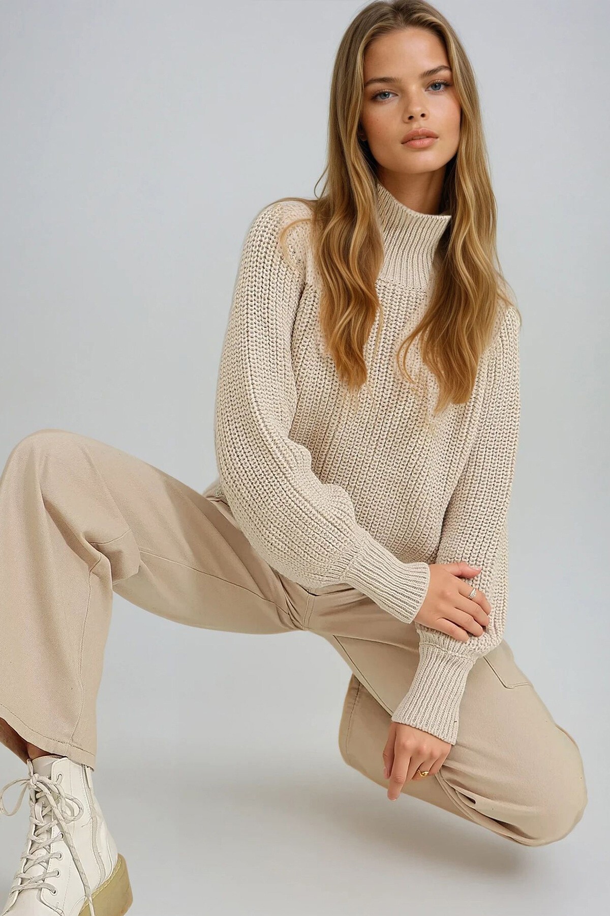 Bej Balıkçı Yaka Balon Kollu Selanik Örgü Kalın Kazak