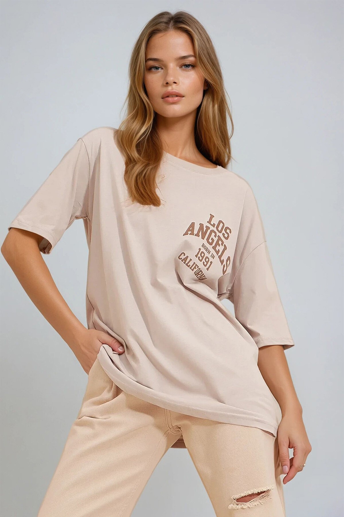 Bej Bisiklet Yaka Baskılı Oversize T Shirt