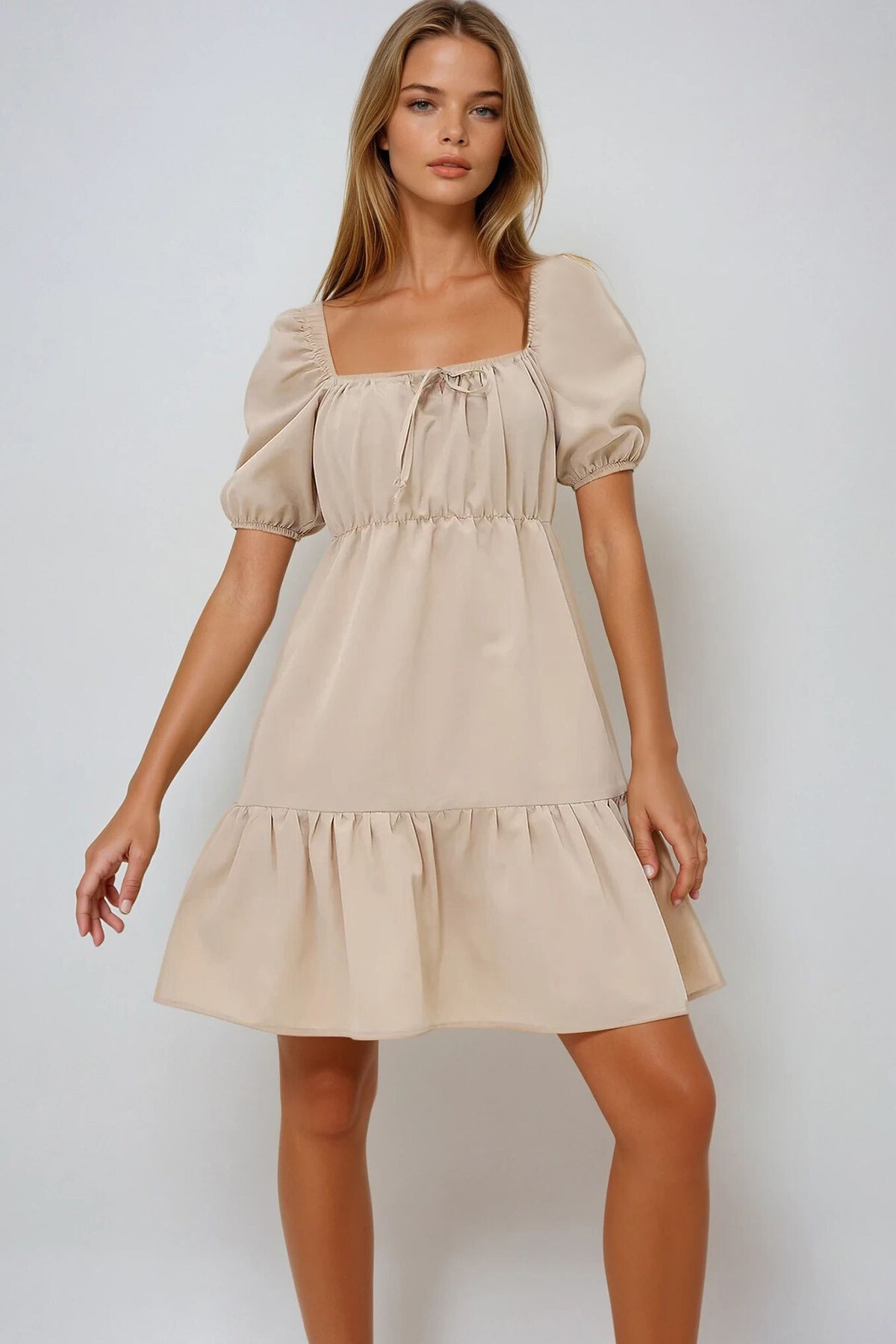 Bej Kare Yaka Balon Kol Poplin  Mini Elbise