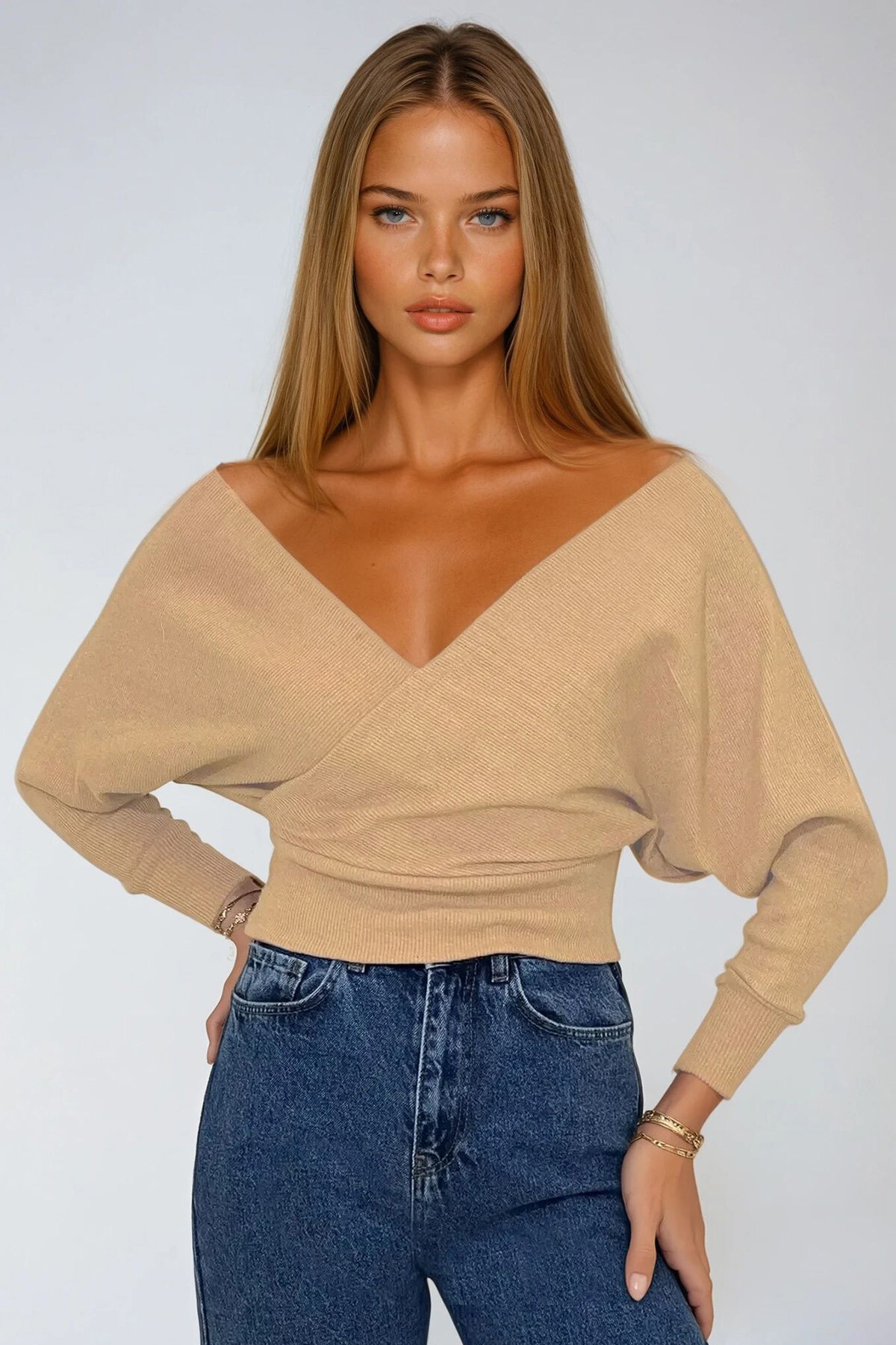 Bej Ön Arka V Yaka Kruvaze Bluz
