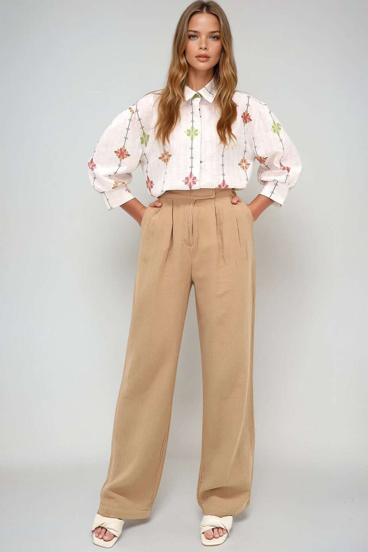 Bej Pileli Çırt Çırtlı Müslin Keten Pantolon