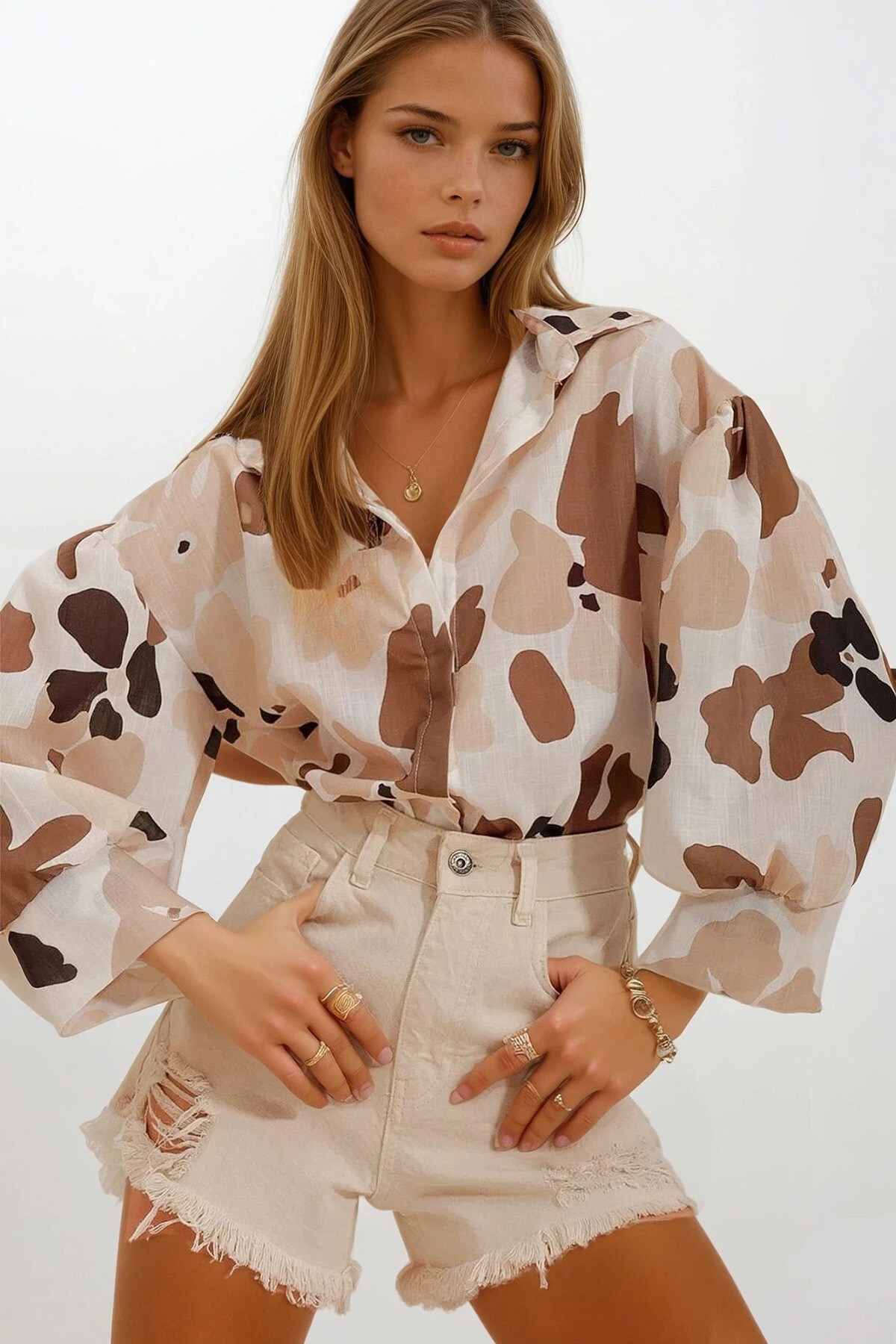 Bej Prenses Etnik Desenli Flamlı Keten Dokuma Gömlek