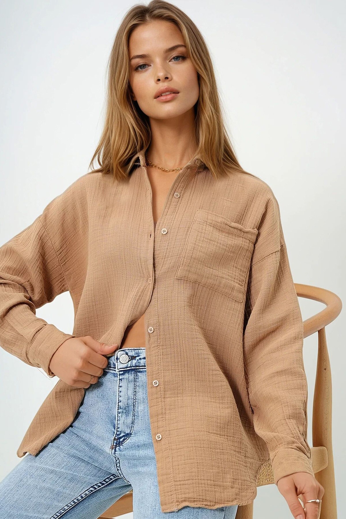 Bej Tek Cepli Keten Görünümlü Oversize Dokuma Gömlek