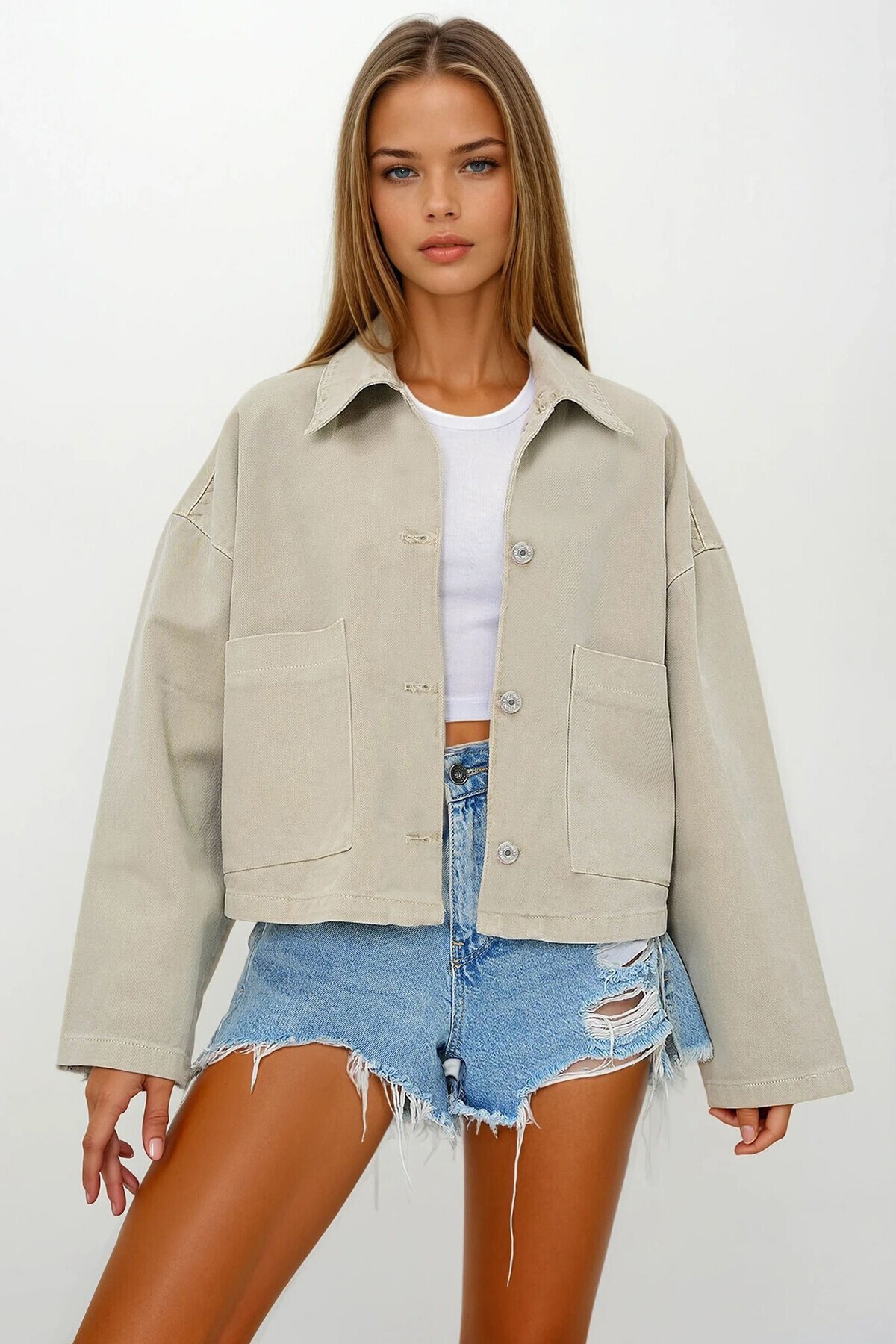 Bej Torba Cepli Crop Jean Ceket