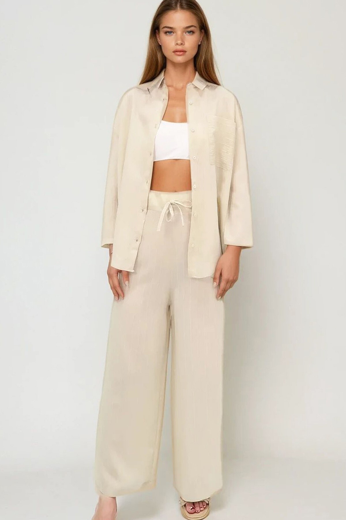 Bej Yırtık Çift Cepli Dokulu Dokuma Takım