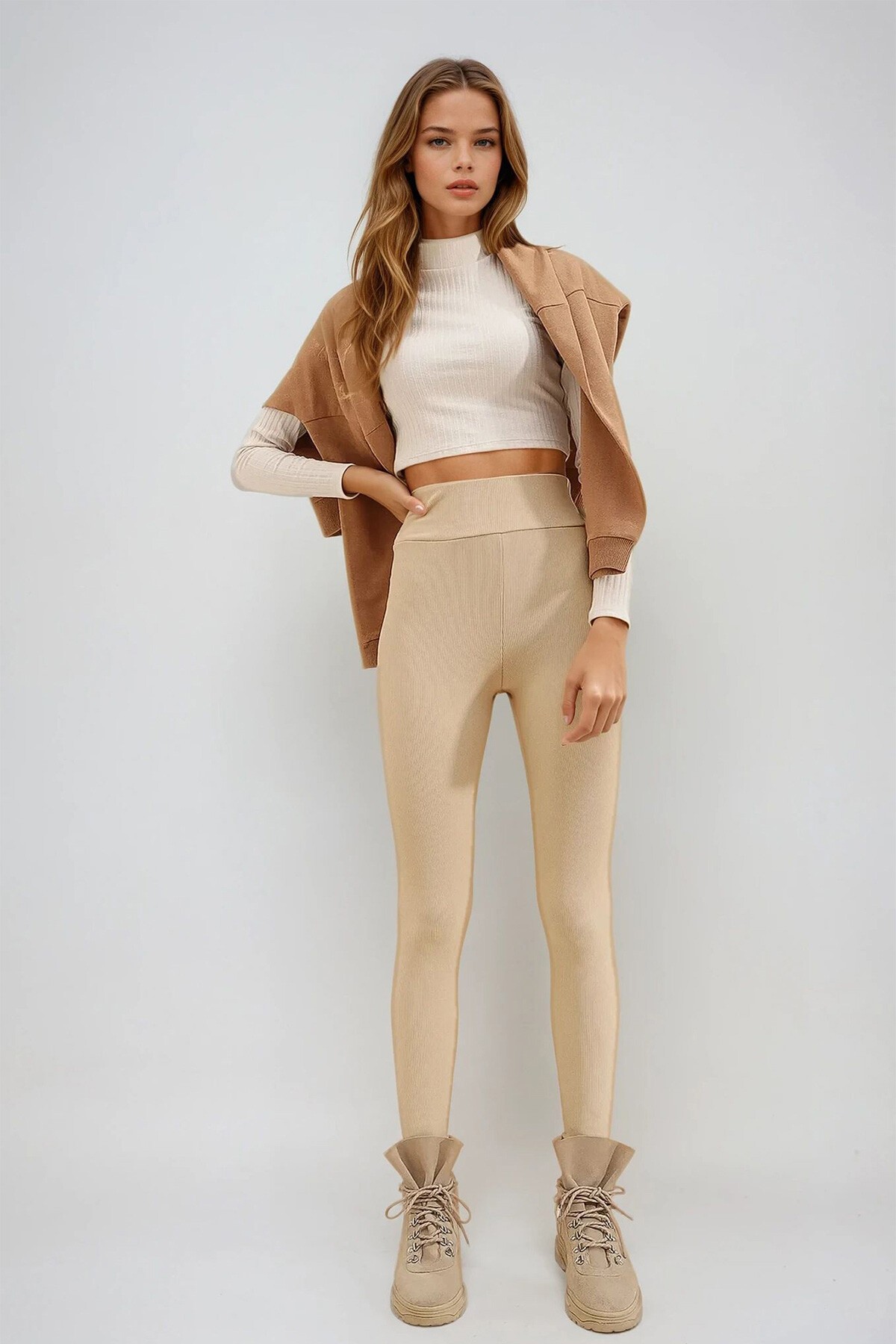 Bej Yüksek Bel Fitilli Likralı Ottoban Tayt