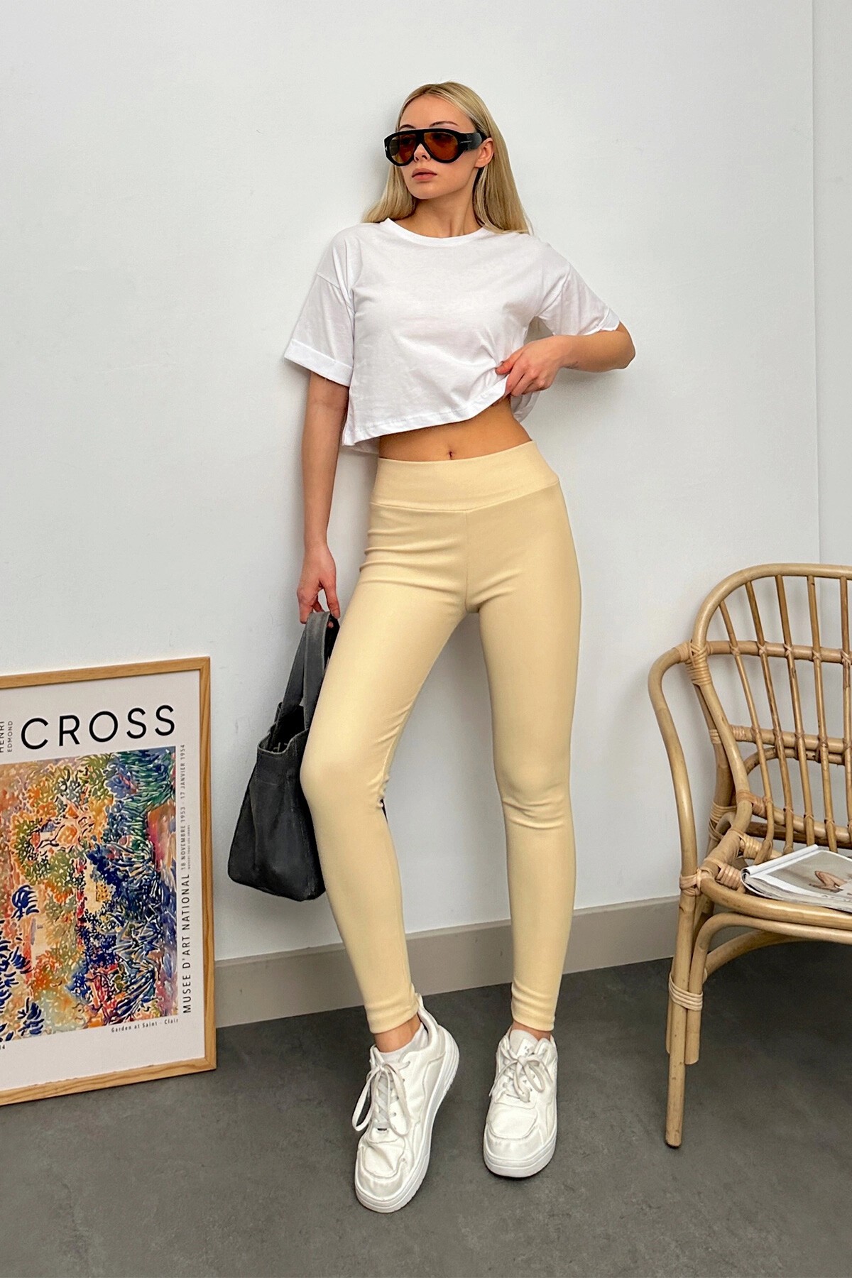 Bej Yüksek Bel Fitilli Likralı Ottoban Tayt