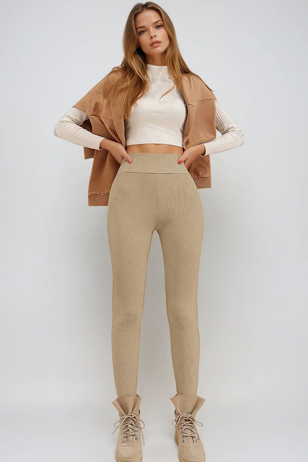 Bej Yüksek Bel Fitilli Likralı Tayt