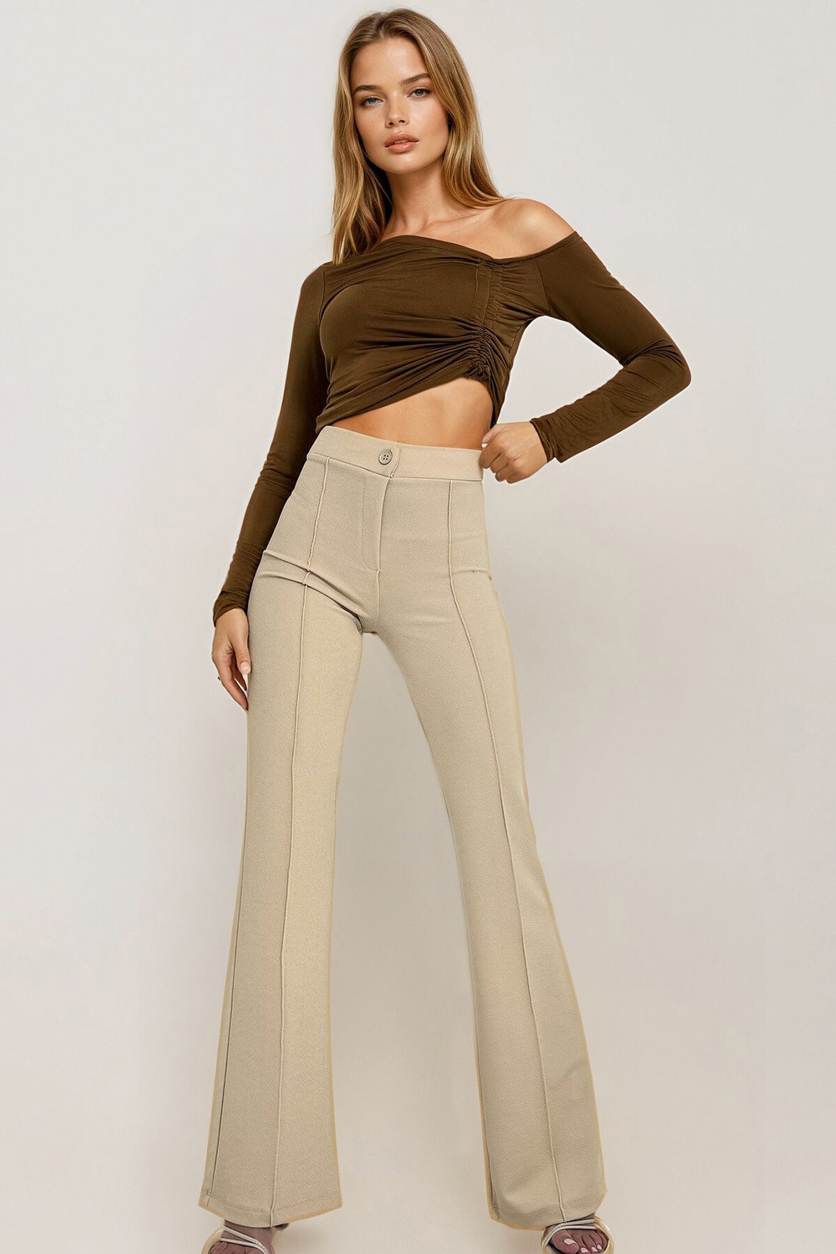 Bej Yüksek Bel Nervür Dikişli İspanyol Paça Dokuma Pantolon