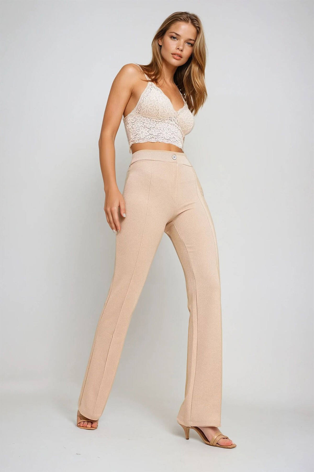 Bej Yüksek Bel Önü Çimalı Bol Paça Likralı Pantolon