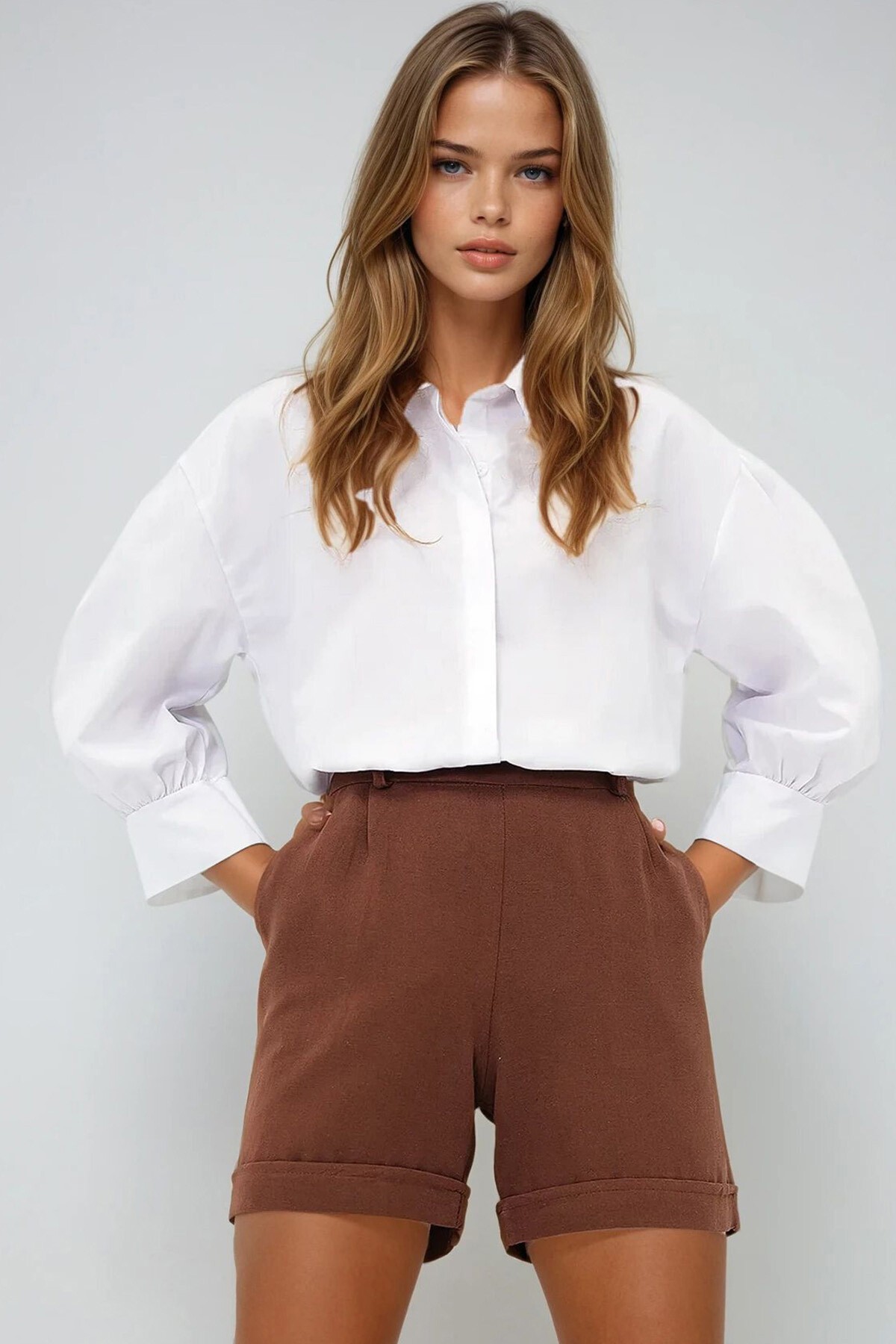 Beyaz Balon Kol Gizli Patlı Dokuma Gömlek