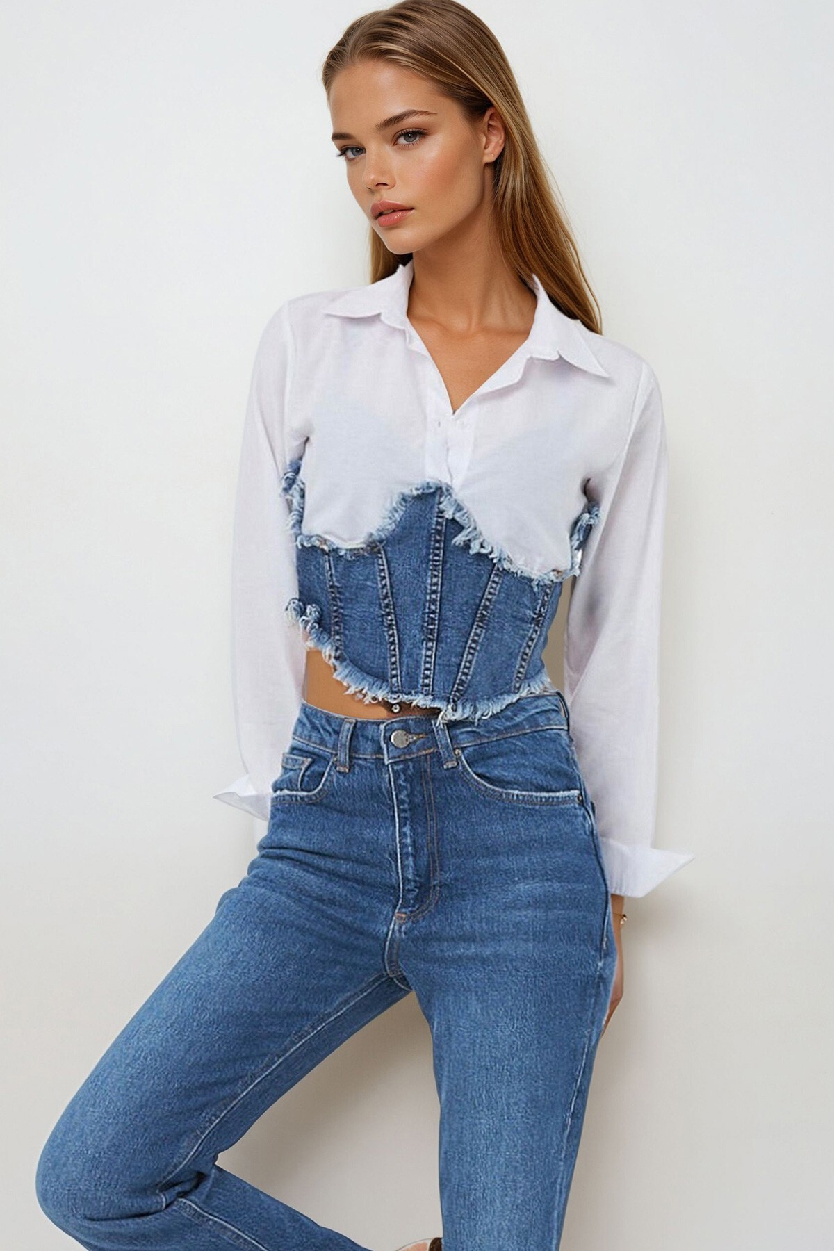 Beyaz Denim Korsajlı Tasarım Gömlek
