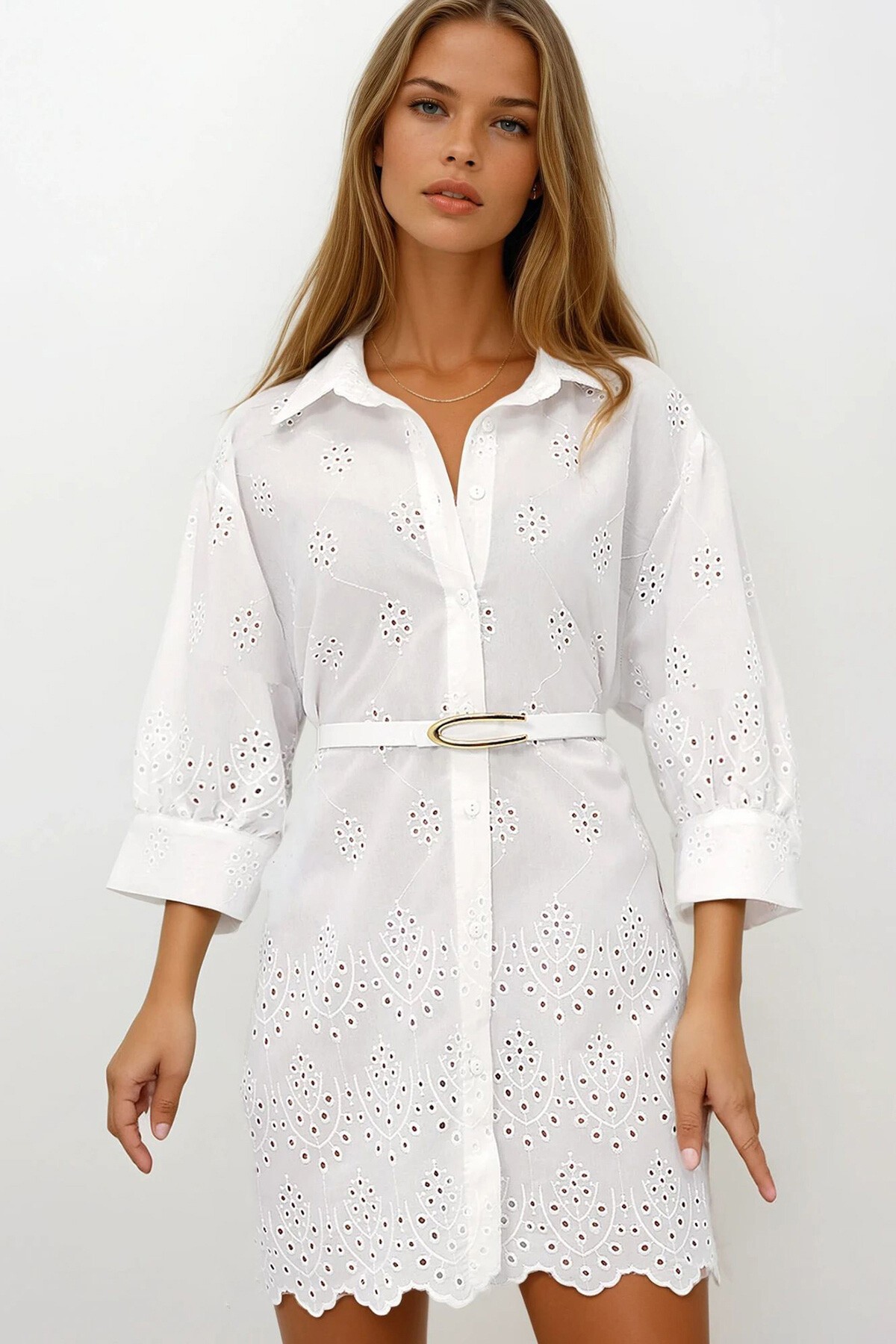 Beyaz Fisto Nakış İşlemeli Oversize Dokuma Gömlek Elbise