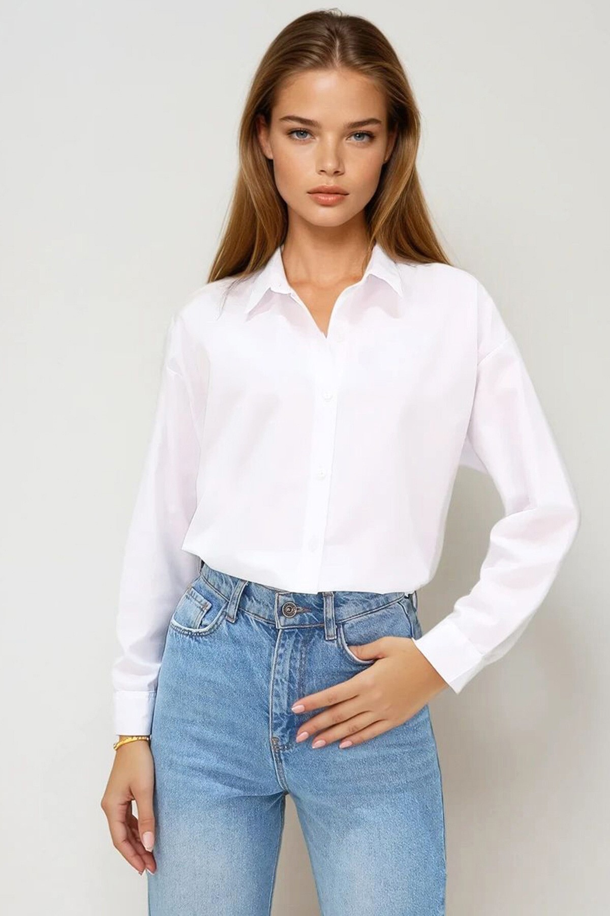 Beyaz Oversize Uzun Dokuma Gömlek