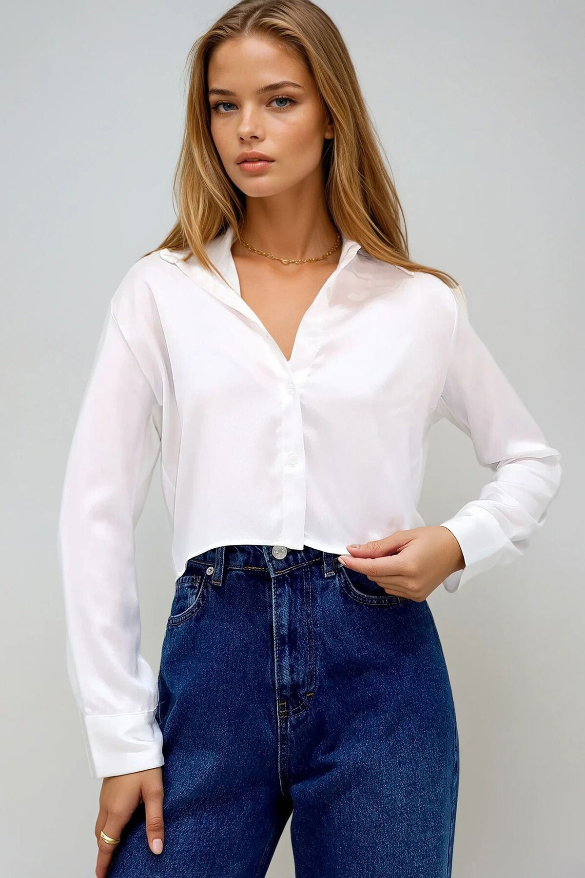 Beyaz Saten Crop Gömlek