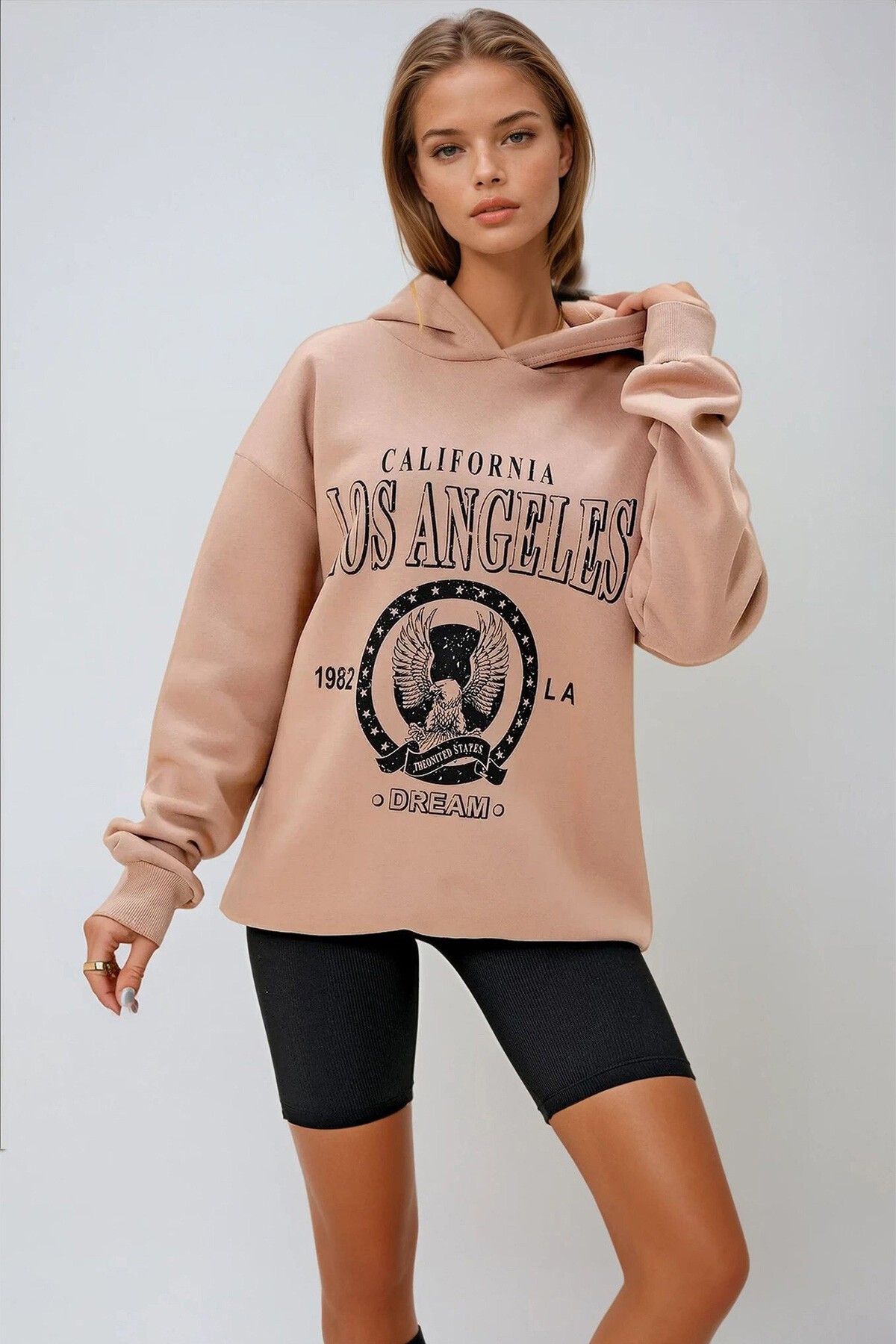 Bisküvi Kapüşonlu Önü Baskılı Üç İplik Şardonlu Sweatshırt