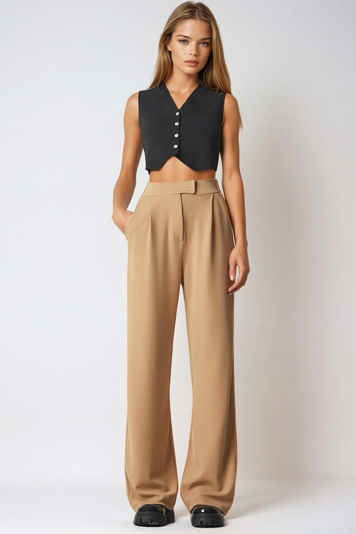 Bisküvi Likralı Cırt Kapamalı Çift Cepli Palazzo Pantalon