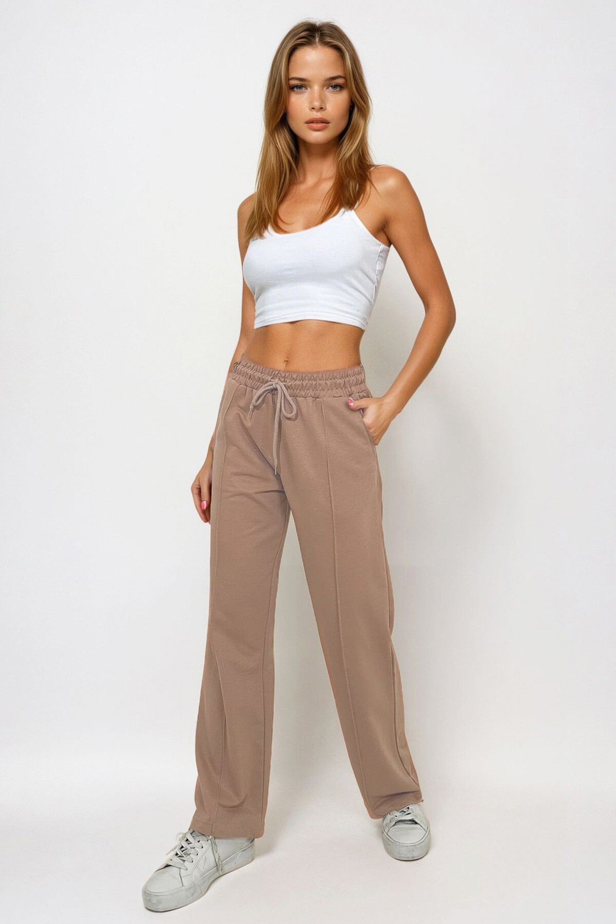 Bisküvi Yüksek Bel Önü Çimalı Bol Paça Çift Cepli Eşofman Altı