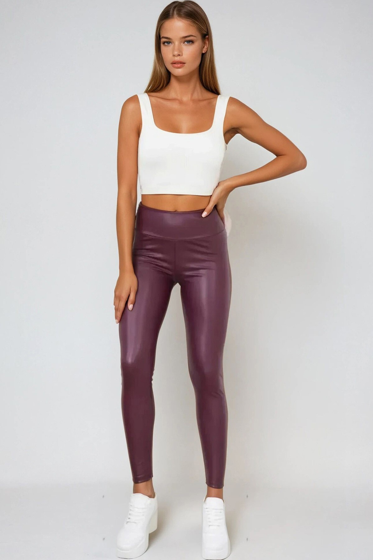 Bordo Beli Lastikli İçi Şardonlu Likralı Suni Deri Tayt