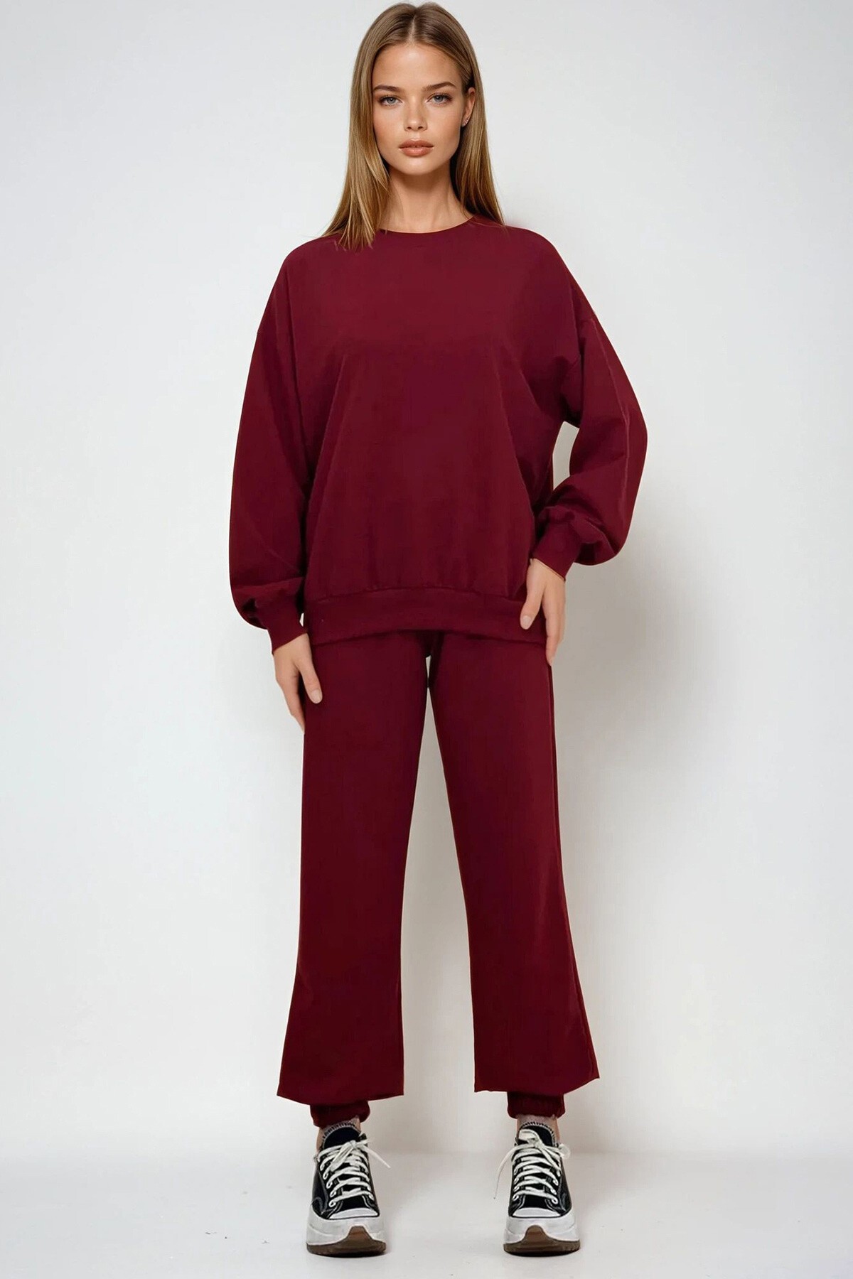 Bordo Bisiklet Yaka Beli Ve Paçası Lastikli İki İplik Basic Eşofman Takımı