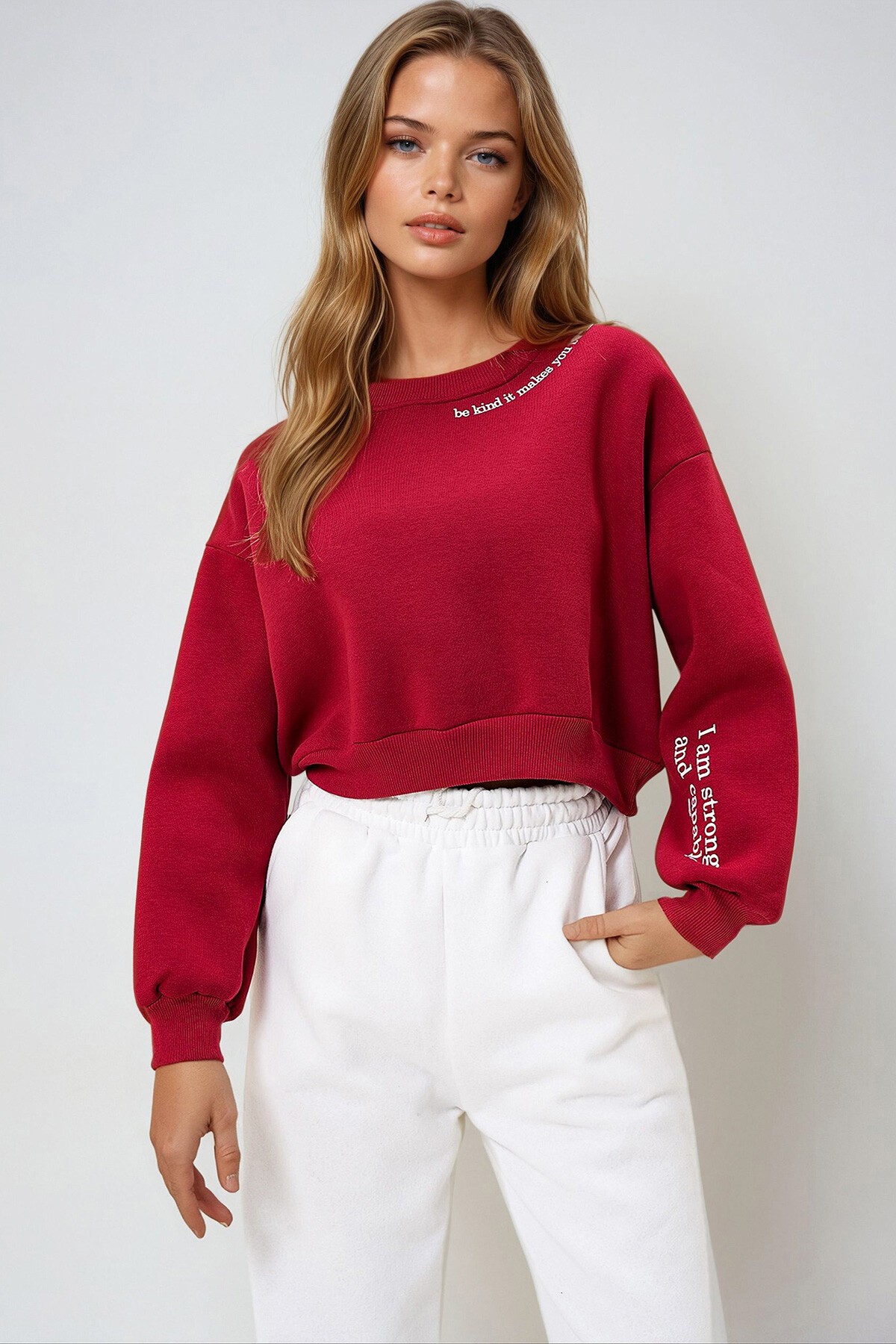 Bordo Bisiklet Yaka Kol Ve Yaka Baskı Detaylı Üç İplik Şardonlu Sweatshırt