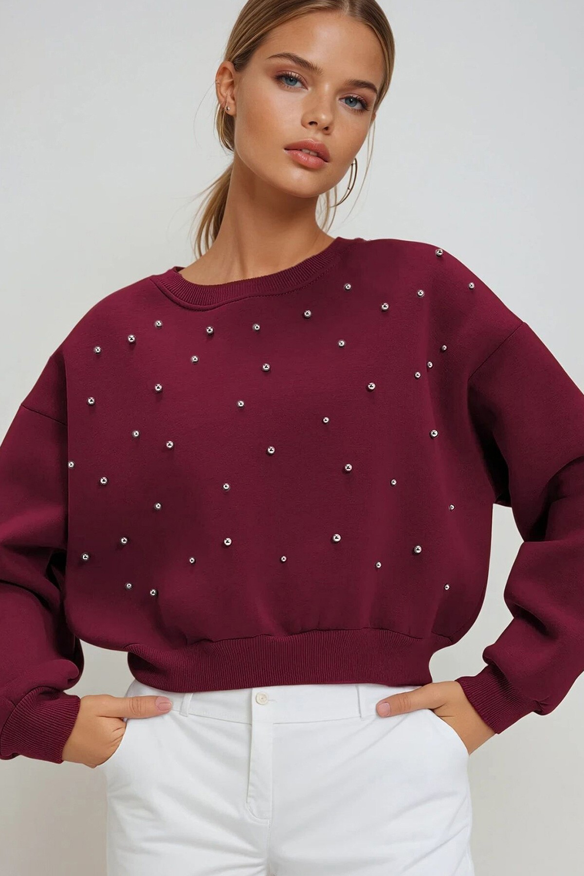 Bordo Bisiklet Yaka Önü İnci Çakmalı Üç İplik Şardonlu Sweatshırt