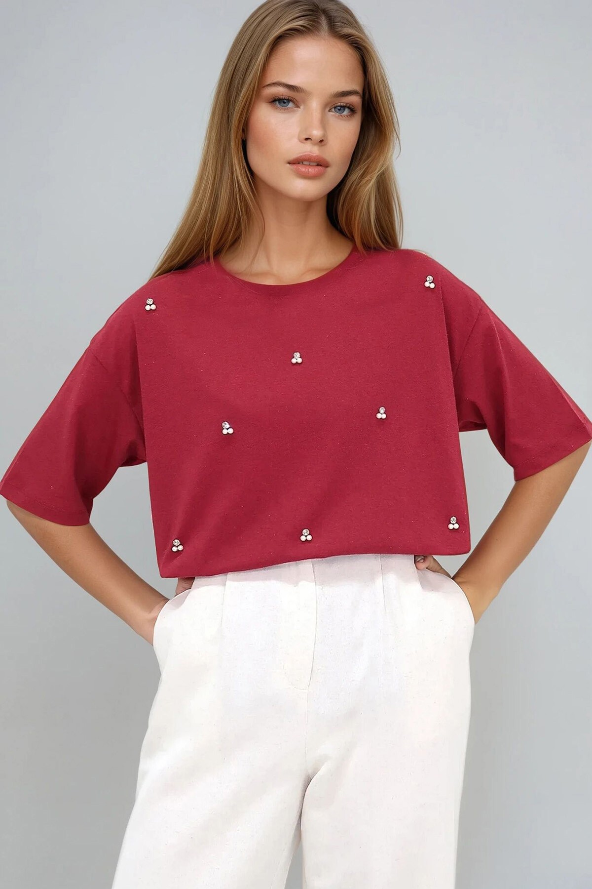 Bordo Bisiklet Yaka Oversize İnci Ve Taş İşlemeli T Shirt
