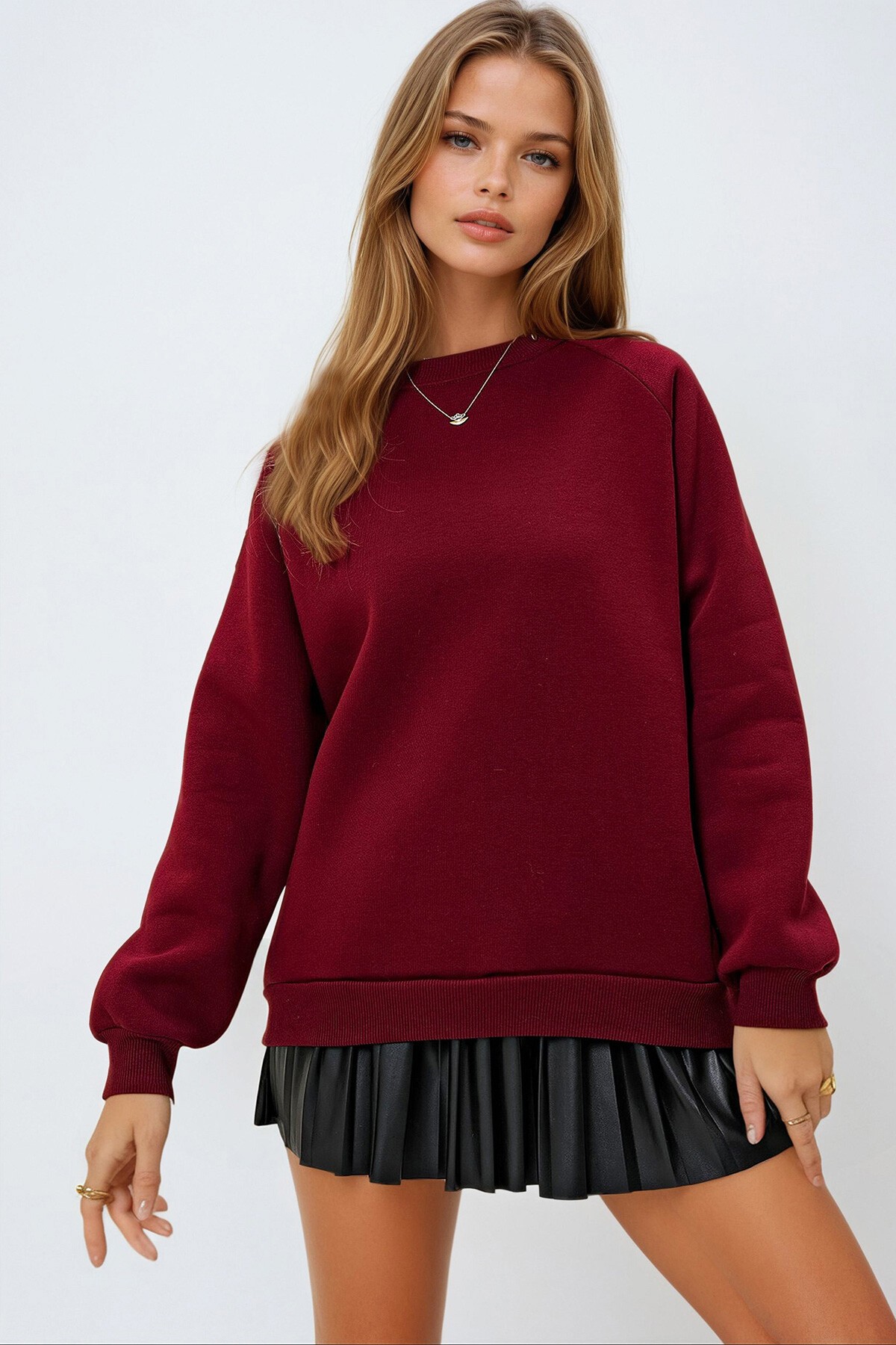 Bordo Bisiklet Yaka Reglan Kol Üç İplik Şardonlu Basic Sweatshırt