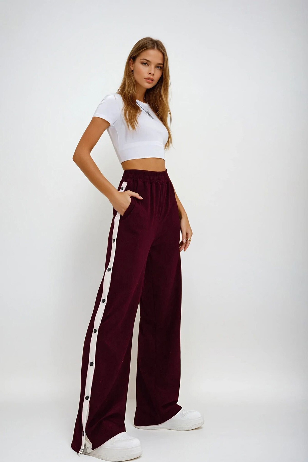 Bordo Çift Cepli Lastikli Yanları Şeritli Wide Leg Pantolon