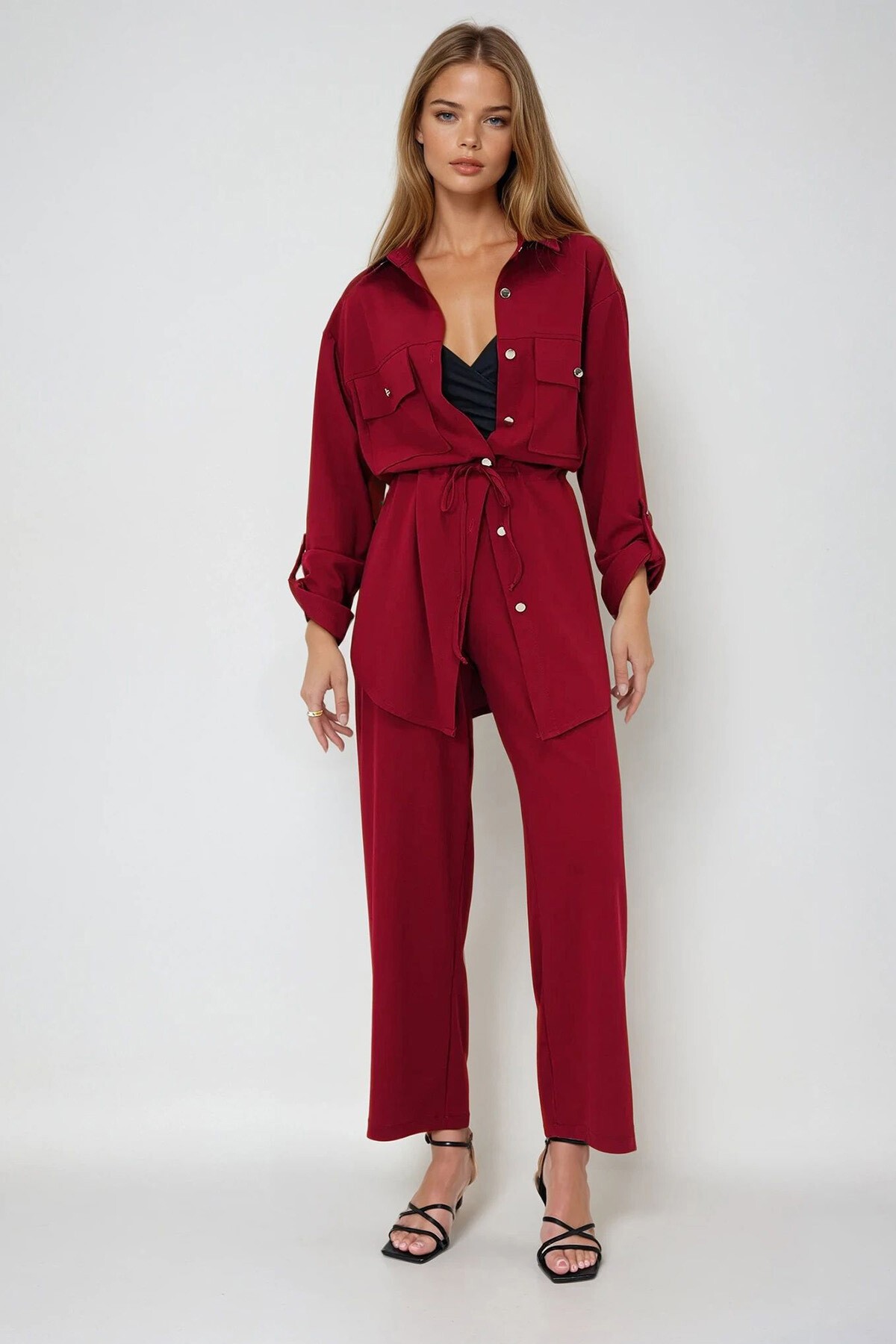 Bordo Çift Cepli Safari Ceket Ve Beli Lastikli Wide Leg Aerobin Pantolonlu Takım