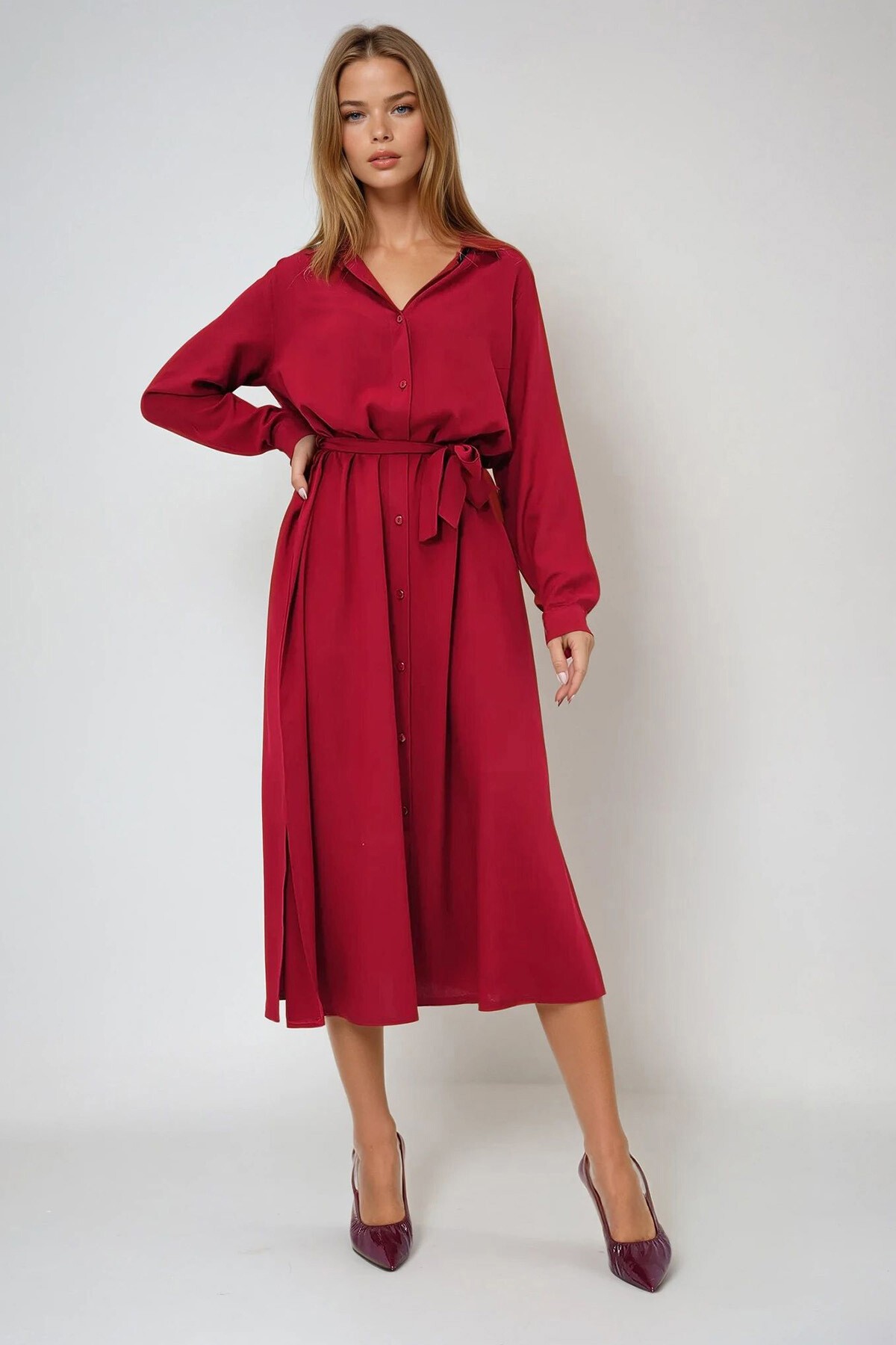 Bordo Dokuma Viskon Gömlek Elbise